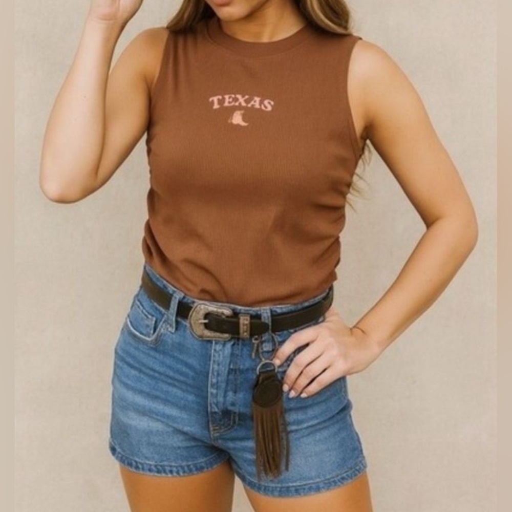 NEW sz XL Womens Homegirl Society‎ Brown Ribbed Fitted Texas Cowboy Boot Tie Top